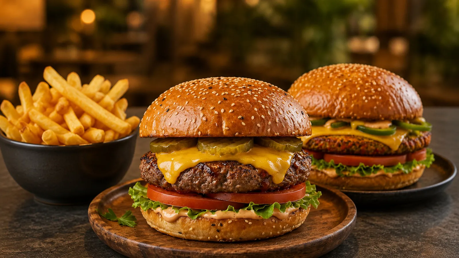 Haida cheeseburger and veggie burger with fries