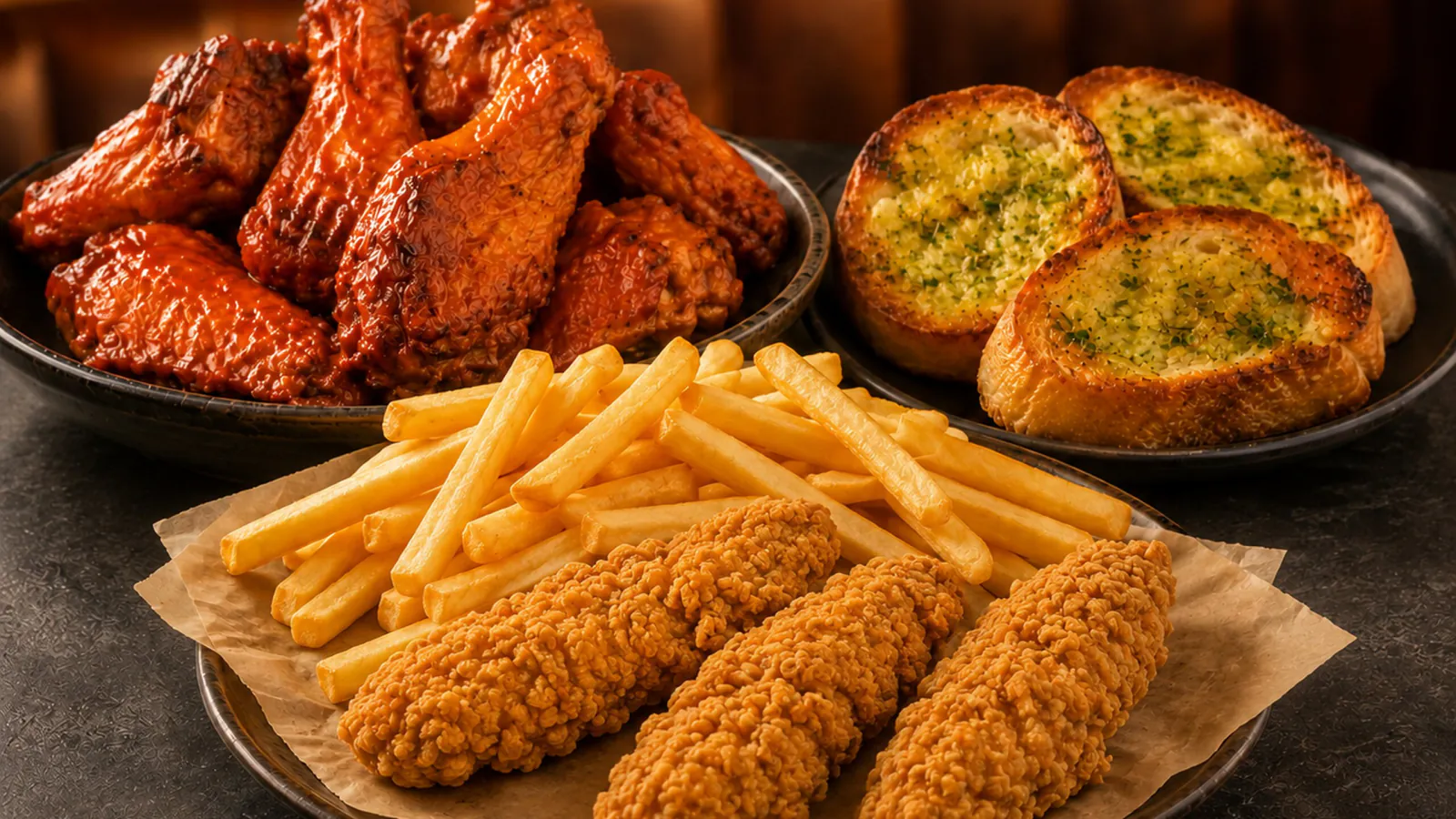 Haida chicken strips, wings, fries and garlic bread